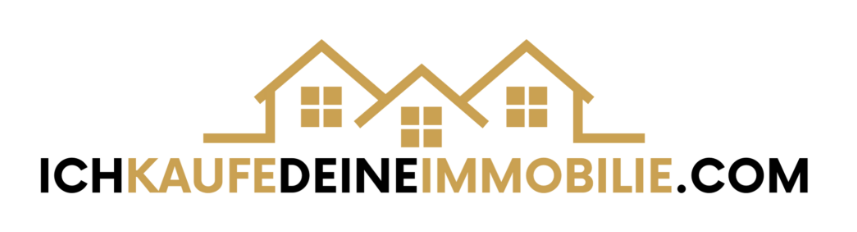 Schriftzug ICHKAUFEDEINEIMMOBILIE.COM in schwarzen und goldenen Buchstaben. Dahinter das Profil von drei Häusern