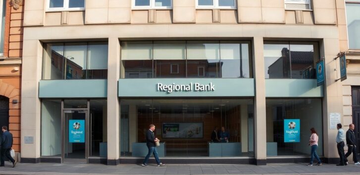 Exterior facade of a modern regional bank branch building with large glass windows, entrance doors and a small forecourt, daylight, no visible signage or logos, no people in close- – Symbolbild, KI-erzeugt
