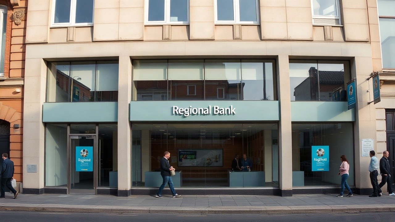 Exterior facade of a modern regional bank branch building with large glass windows, entrance doors and a small forecourt, daylight, no visible signage or logos, no people in close- – Symbolbild, KI-erzeugt