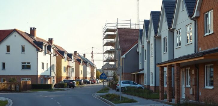 A modern suburban street in Germany with detached family houses, a construction site with scaffolding in the background, soft morning light, no visible people, wide-angle daytime s – Symbolbild, KI-erzeugt