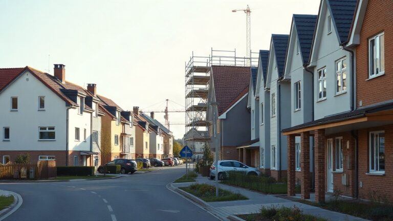 A modern suburban street in Germany with detached family houses, a construction site with scaffolding in the background, soft morning light, no visible people, wide-angle daytime s – Symbolbild, KI-erzeugt