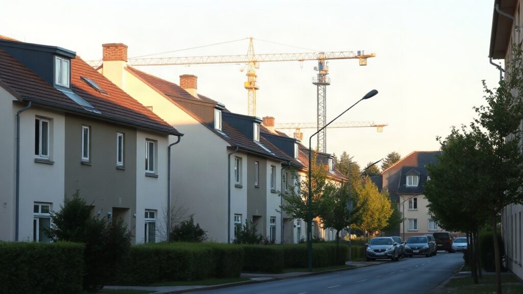 Wohnstraße mit Baukran im Hintergrund symbolisiert die Lage der Bauzinsen und des Immobilienmarkts in Deutschland – Symbolbild, KI-erzeugt