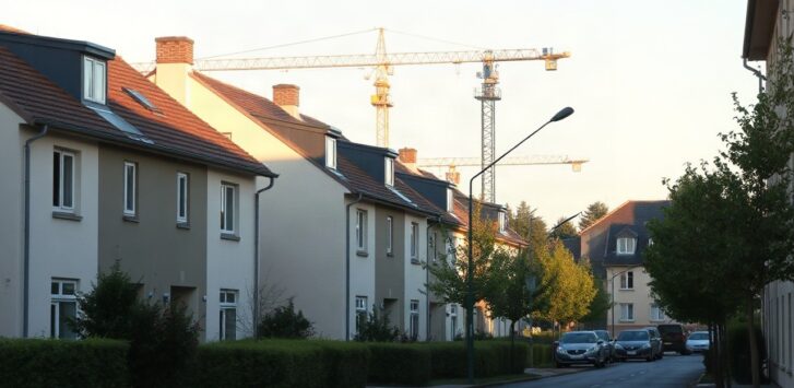 Wohnstraße mit Baukran im Hintergrund symbolisiert die Lage der Bauzinsen und des Immobilienmarkts in Deutschland – Symbolbild, KI-erzeugt