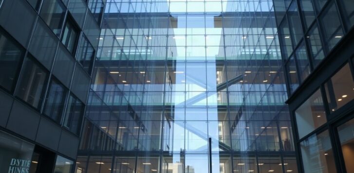 A modern glass office high-rise facade in a European city center, diagonal atrium structure visible through large windows, daylight, no visible logos or text, wide-angle street-lev – Symbolbild, KI-erzeugt
