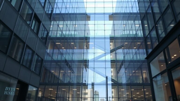 A modern glass office high-rise facade in a European city center, diagonal atrium structure visible through large windows, daylight, no visible logos or text, wide-angle street-lev – Symbolbild, KI-erzeugt