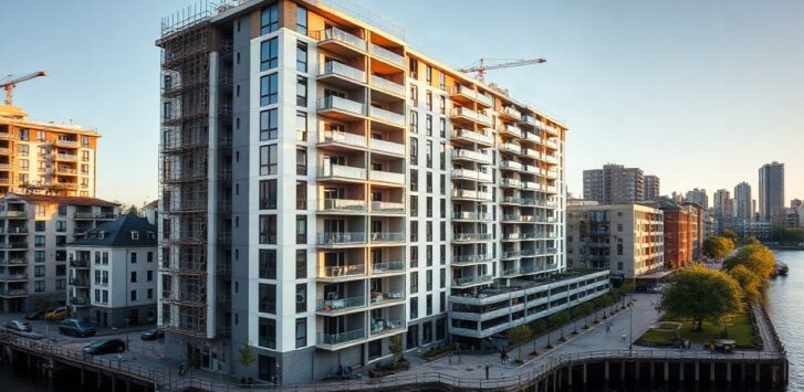 A modern residential building facade with balconies under construction next to a riverside promenade in an urban district, late afternoon light, wide angle, no visible logos or peo – Symbolbild, KI-erzeugt