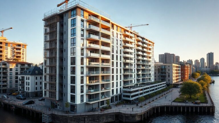 A modern residential building facade with balconies under construction next to a riverside promenade in an urban district, late afternoon light, wide angle, no visible logos or peo – Symbolbild, KI-erzeugt