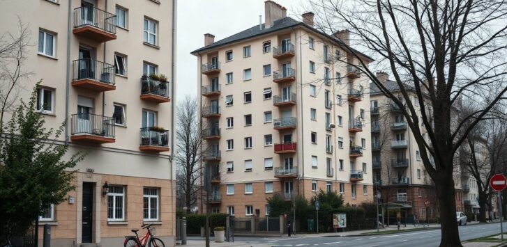 A row of residential apartment buildings along a quiet Berlin-style street, overcast daylight, balconies and parked bicycles visible, no people's faces, no signage or text, wide an – Symbolbild, KI-erzeugt
