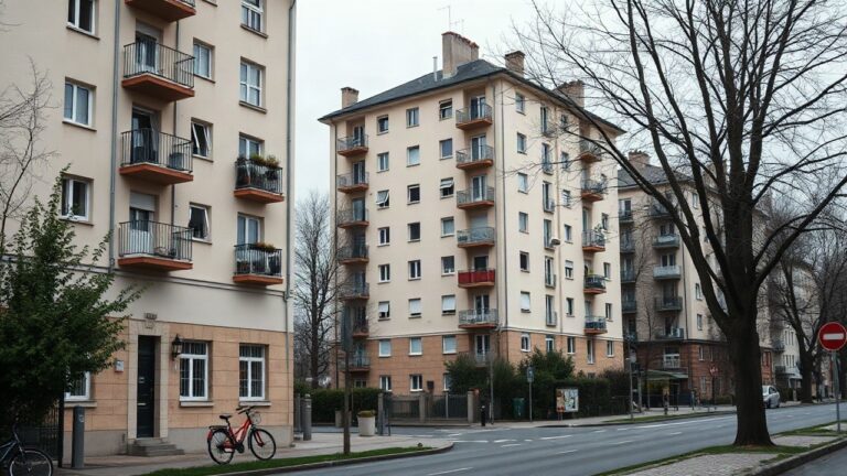 A row of residential apartment buildings along a quiet Berlin-style street, overcast daylight, balconies and parked bicycles visible, no people's faces, no signage or text, wide an – Symbolbild, KI-erzeugt