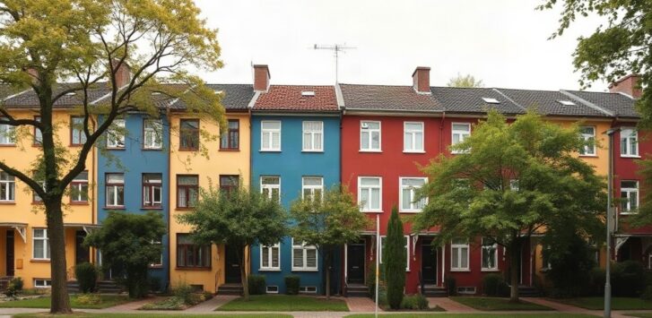A row of colorful 1920s Bauhaus-style terraced houses in a quiet green suburban street, yellow, blue and dark red facades, trees and lawns in front, soft morning light, no visible – Symbolbild, KI-erzeugt