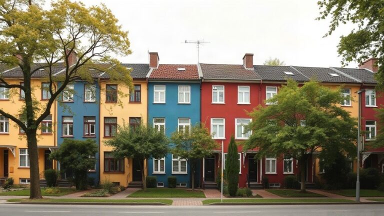A row of colorful 1920s Bauhaus-style terraced houses in a quiet green suburban street, yellow, blue and dark red facades, trees and lawns in front, soft morning light, no visible – Symbolbild, KI-erzeugt