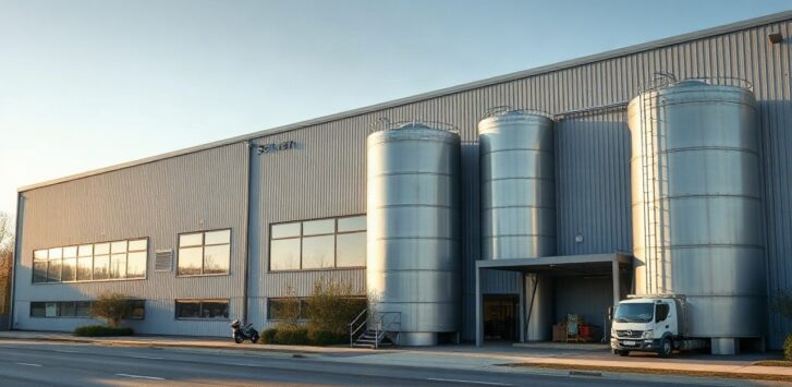 A modern brewery building exterior in Austria with large steel storage tanks and a loading dock, soft morning light, no visible logos or people, wide-angle architectural photo, 16: – Symbolbild, KI-erzeugt