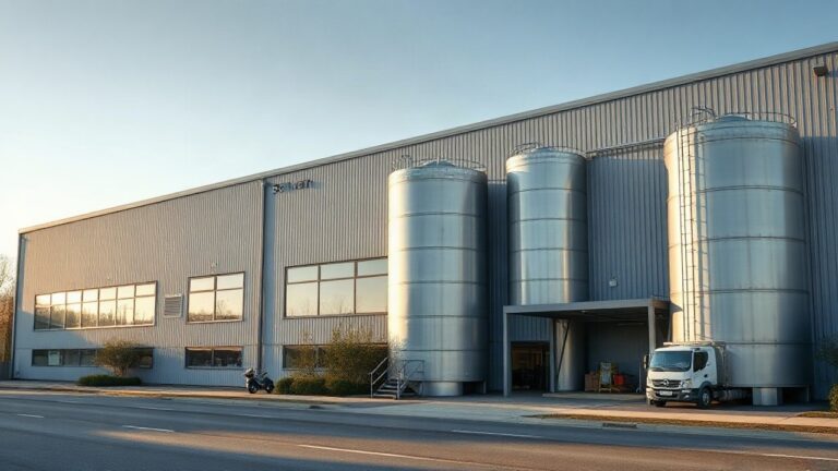 A modern brewery building exterior in Austria with large steel storage tanks and a loading dock, soft morning light, no visible logos or people, wide-angle architectural photo, 16: – Symbolbild, KI-erzeugt