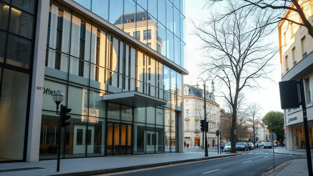 A modern office building facade in a German mid-sized city street, glass entrance, clean architectural lines, soft morning daylight, no visible logos or text, wide-angle street vie – Symbolbild, KI-erzeugt