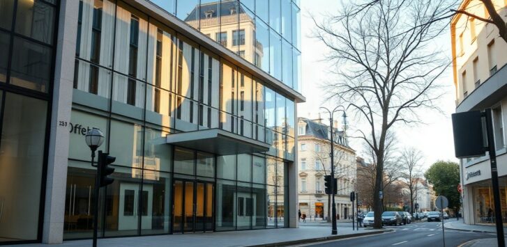 A modern office building facade in a German mid-sized city street, glass entrance, clean architectural lines, soft morning daylight, no visible logos or text, wide-angle street vie – Symbolbild, KI-erzeugt