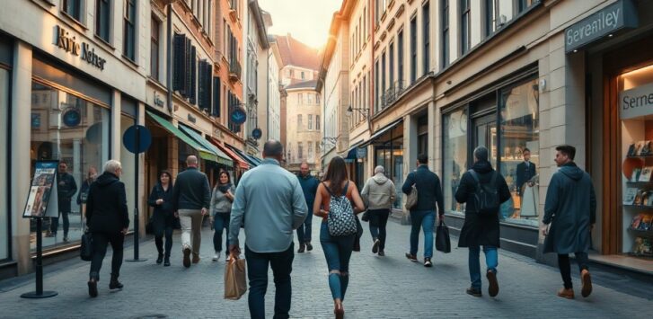 A wide-angle photo of a pedestrian shopping street in a German city center, shops with awnings, people walking anonymously from behind, soft afternoon light, cobblestone pavement, – Symbolbild, KI-erzeugt