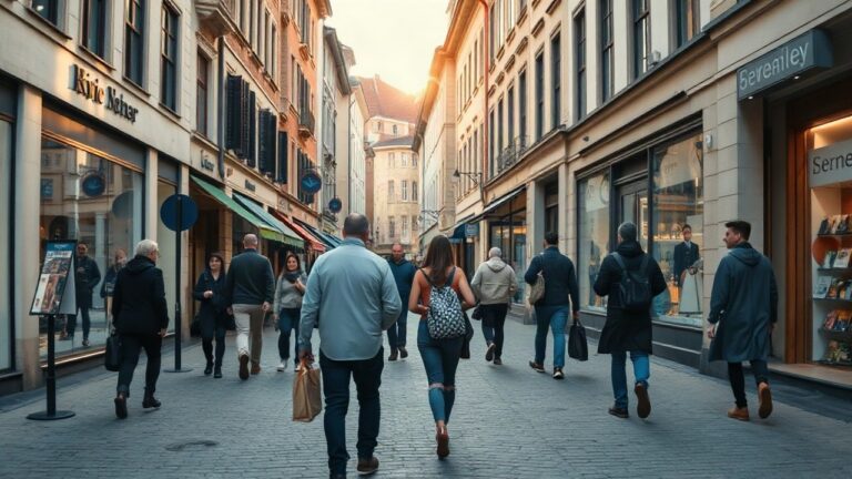 A wide-angle photo of a pedestrian shopping street in a German city center, shops with awnings, people walking anonymously from behind, soft afternoon light, cobblestone pavement, – Symbolbild, KI-erzeugt