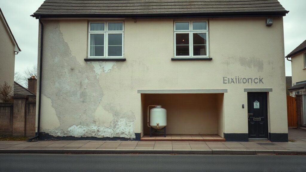A weathered detached house facade with visible plaster damage and an old external oil tank visible through a basement window, overcast morning light, empty street in front, no peop – Symbolbild, KI-erzeugt