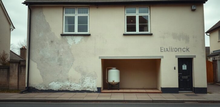 A weathered detached house facade with visible plaster damage and an old external oil tank visible through a basement window, overcast morning light, empty street in front, no peop – Symbolbild, KI-erzeugt