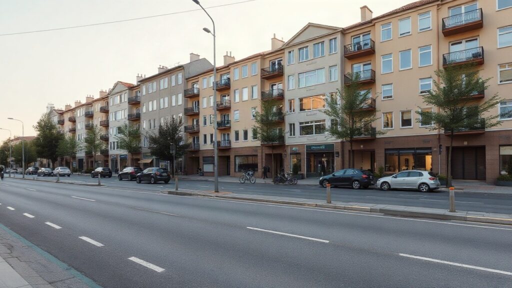 A row of residential apartment buildings on a city street in Frankfurt, facades with balconies, parked bicycles, soft late afternoon light, no visible people, no logos or text, wid – Symbolbild, KI-erzeugt