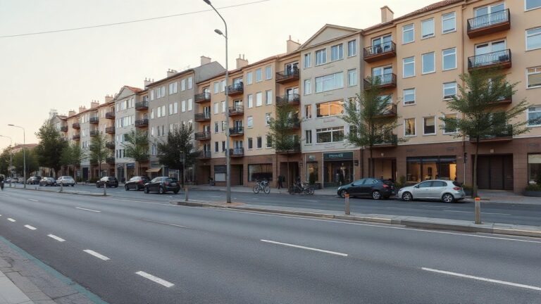 A row of residential apartment buildings on a city street in Frankfurt, facades with balconies, parked bicycles, soft late afternoon light, no visible people, no logos or text, wid – Symbolbild, KI-erzeugt