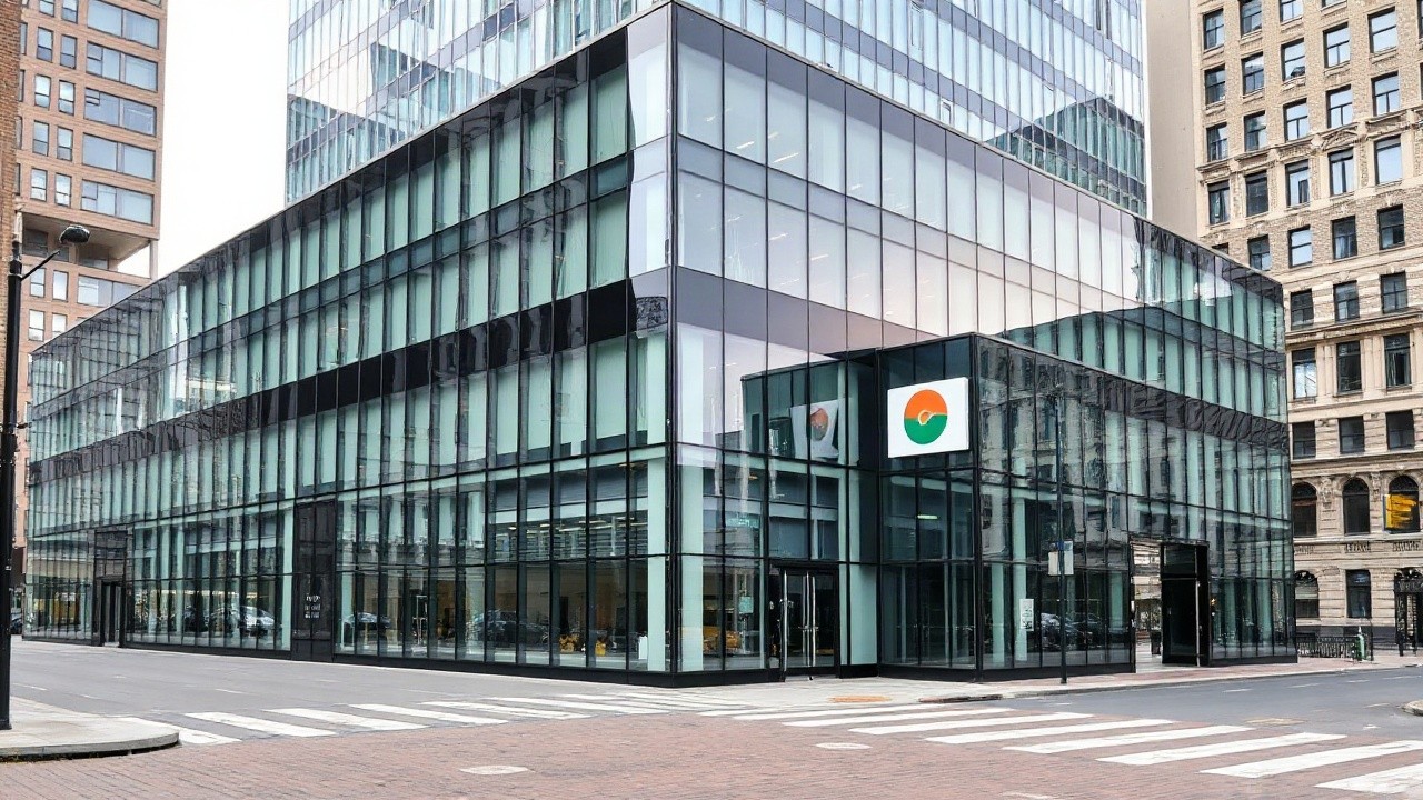 Modernes Bürogebäude mit Glasfassade in einer deutschen Großstadt, Querformat, kein erkennbares reales Objekt, keine Personen, ruhige und seriöse Bildstimmung – Symbolbild, KI-erzeugt