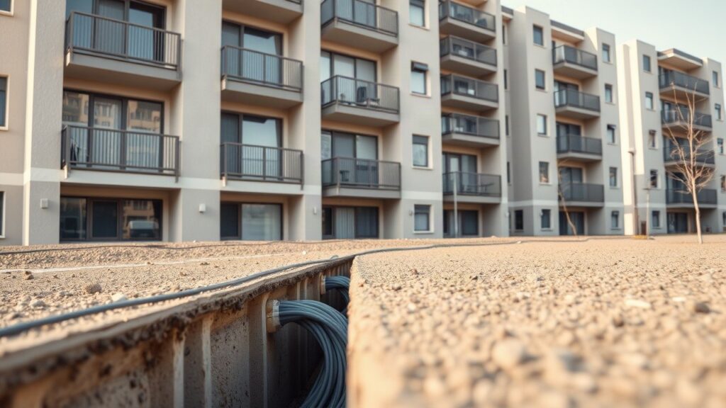 Exterior facade of a modern multi-family apartment building, close-up of an open utility trench with fiber-optic cables being laid along the building wall, soft morning daylight, n – Symbolbild, KI-erzeugt