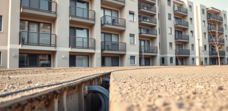 Exterior facade of a modern multi-family apartment building, close-up of an open utility trench with fiber-optic cables being laid along the building wall, soft morning daylight, n – Symbolbild, KI-erzeugt