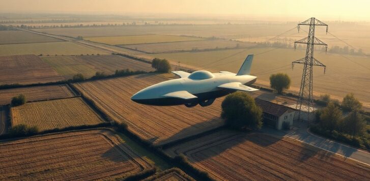 Ein autonomes Luftschiff schwebt über Stromleitungen, während im Hintergrund diskutiert wird, dass dies keine Auswirkung auf Immobilienpreise hat – Symbolbild, KI-erzeugt