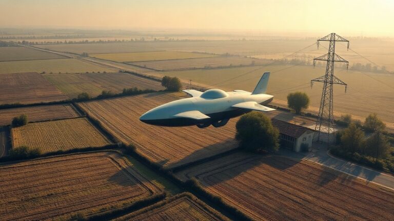 Ein autonomes Luftschiff schwebt über Stromleitungen, während im Hintergrund diskutiert wird, dass dies keine Auswirkung auf Immobilienpreise hat – Symbolbild, KI-erzeugt