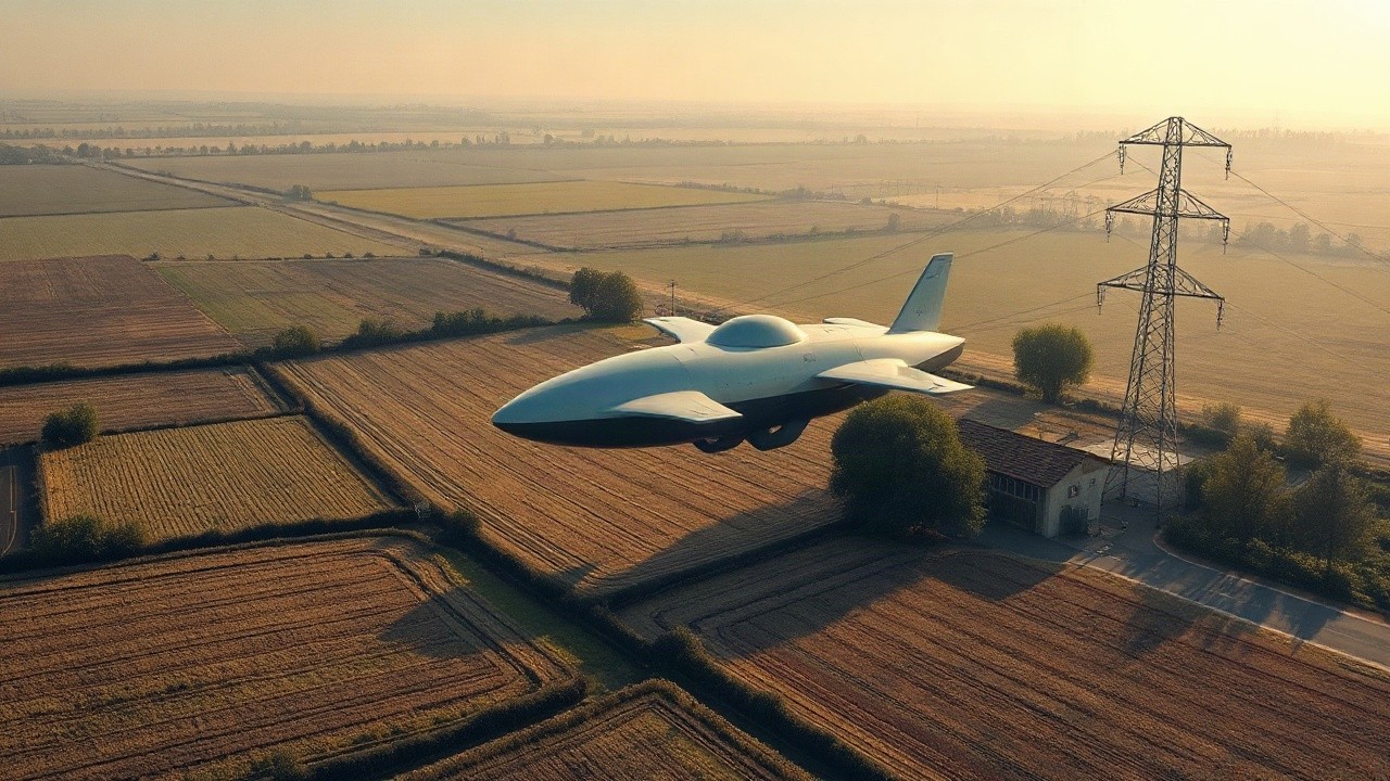 Ein autonomes Luftschiff schwebt über Stromleitungen, während im Hintergrund diskutiert wird, dass dies keine Auswirkung auf Immobilienpreise hat – Symbolbild, KI-erzeugt