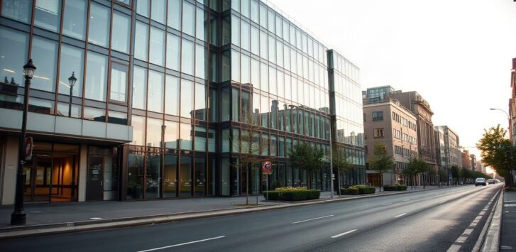 Moderne Bürofassade symbolisiert die Immobilienbranche rund um den ImmoAward 2026 in Berlin und Brandenburg – Symbolbild, KI-erzeugt