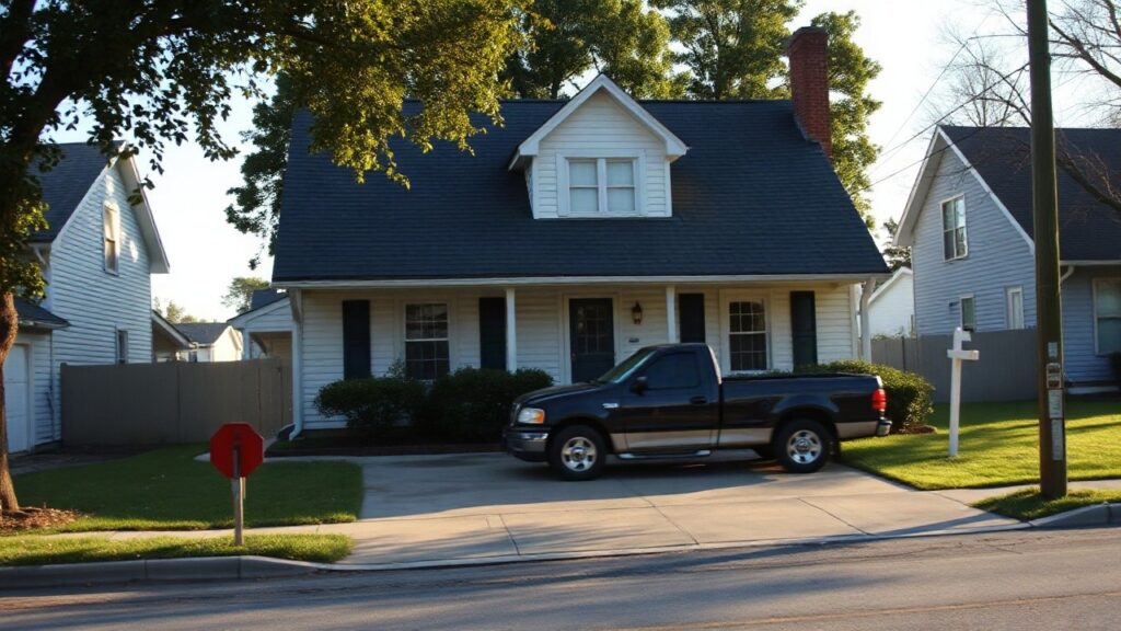 A modest single-family house exterior in an American suburban street, afternoon light, driveway with a pickup truck parked beside it, no visible people, no text or logos, wide 16:9 – Symbolbild, KI-erzeugt