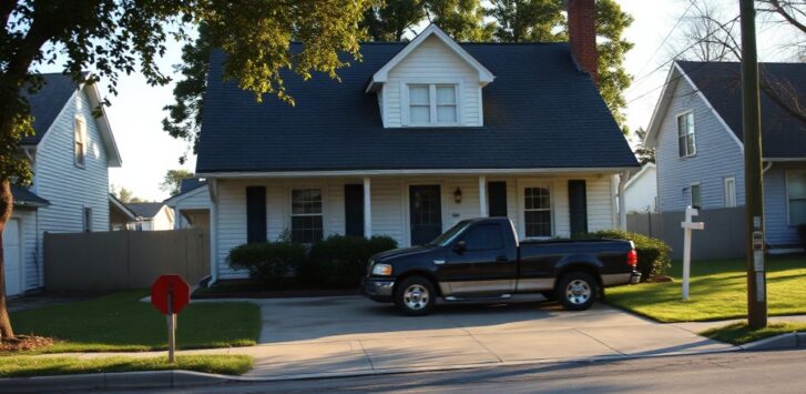 A modest single-family house exterior in an American suburban street, afternoon light, driveway with a pickup truck parked beside it, no visible people, no text or logos, wide 16:9 – Symbolbild, KI-erzeugt