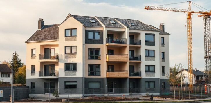 Ein modernes Mehrfamilienhaus im Rohbau oder eine Baustelle mit Kran in einer deutschen Großstadt, Querformat, keine erkennbaren Personen, keine Logos oder Schrift, ruhige, seriöse – Symbolbild, KI-erzeugt