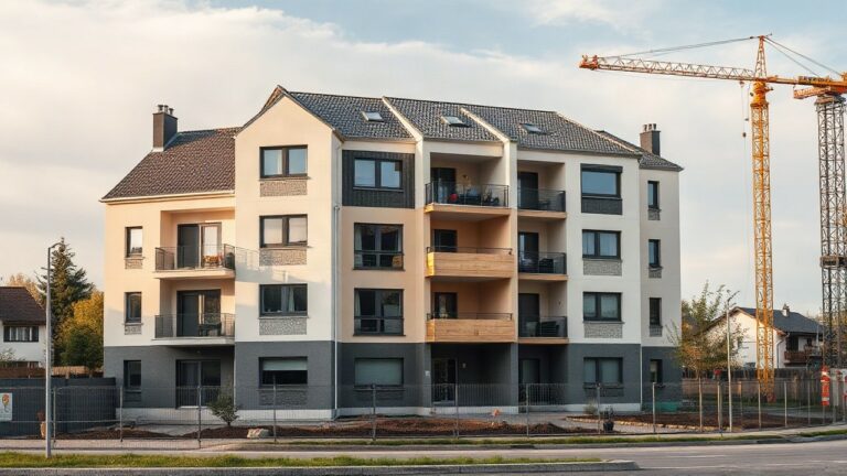 Ein modernes Mehrfamilienhaus im Rohbau oder eine Baustelle mit Kran in einer deutschen Großstadt, Querformat, keine erkennbaren Personen, keine Logos oder Schrift, ruhige, seriöse – Symbolbild, KI-erzeugt