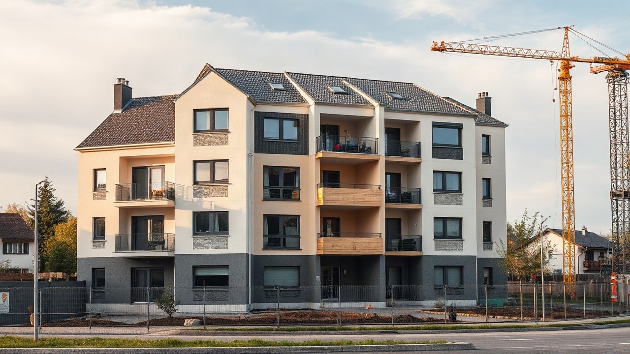 Ein modernes Mehrfamilienhaus im Rohbau oder eine Baustelle mit Kran in einer deutschen Großstadt, Querformat, keine erkennbaren Personen, keine Logos oder Schrift, ruhige, seriöse – Symbolbild, KI-erzeugt