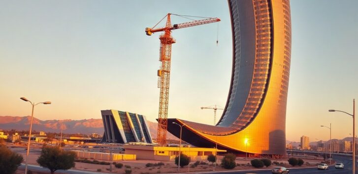 A tall modern twisting skyscraper under construction with a tower crane and construction hoist attached, set against a desert skyline at golden hour, wide-angle street-level view, – Symbolbild, KI-erzeugt