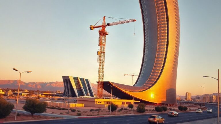 A tall modern twisting skyscraper under construction with a tower crane and construction hoist attached, set against a desert skyline at golden hour, wide-angle street-level view, – Symbolbild, KI-erzeugt
