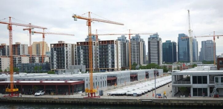 A modern urban waterfront district under construction, cranes and new residential building shells along a harbour basin, overcast daylight, wide-angle architectural photo, no visib – Symbolbild, KI-erzeugt