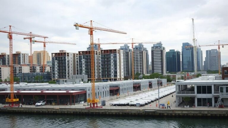A modern urban waterfront district under construction, cranes and new residential building shells along a harbour basin, overcast daylight, wide-angle architectural photo, no visib – Symbolbild, KI-erzeugt