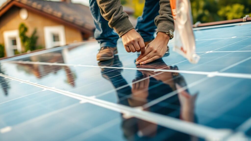 Handwerkerhände montieren Photovoltaik-Module auf einem Hausdach im Rahmen der PV-Förderung für Hausbesitzer – Symbolbild, KI-erzeugt