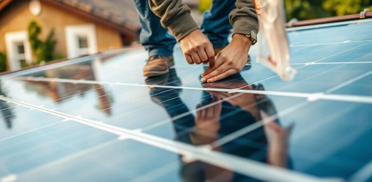 Handwerkerhände montieren Photovoltaik-Module auf einem Hausdach im Rahmen der PV-Förderung für Hausbesitzer – Symbolbild, KI-erzeugt