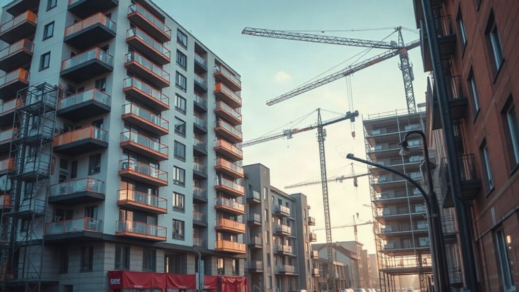 A modern multi-story residential apartment building under construction in a northern German town, scaffolding on one side, cranes in the background, soft morning light, wide-angle – Symbolbild, KI-erzeugt