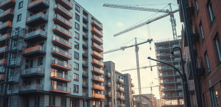 A modern multi-story residential apartment building under construction in a northern German town, scaffolding on one side, cranes in the background, soft morning light, wide-angle – Symbolbild, KI-erzeugt