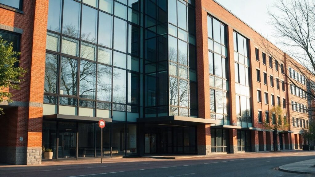 Moderne Bürogebäudefassade symbolisiert den Sitz eines Maklers für Immobilienversicherung in Darmstadt – Symbolbild, KI-erzeugt