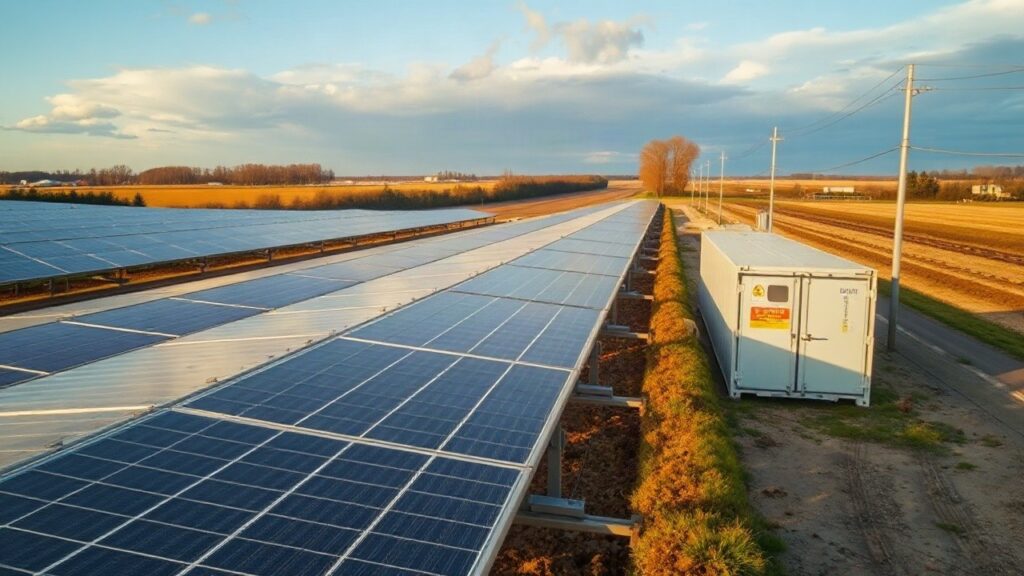 A modern solar photovoltaic park with rows of panels and a nearby battery storage container, wide angle, late afternoon light, rural German landscape, no visible logos or people, 1 – Symbolbild, KI-erzeugt
