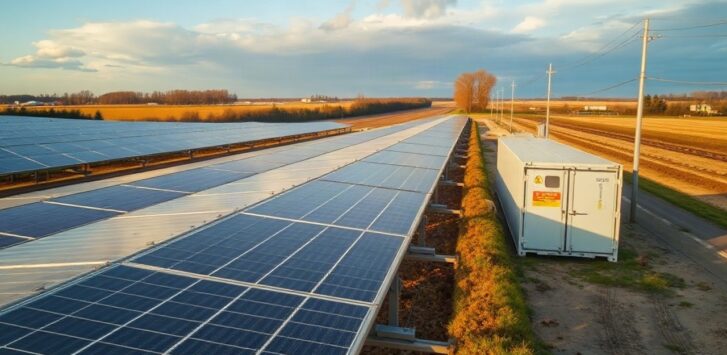 A modern solar photovoltaic park with rows of panels and a nearby battery storage container, wide angle, late afternoon light, rural German landscape, no visible logos or people, 1 – Symbolbild, KI-erzeugt