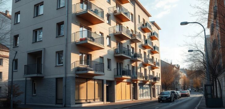 Moderne Mehrfamilienhäuser in einer deutschen Stadt stehen sinnbildlich für den Mietanstieg 2026 – Symbolbild, KI-erzeugt