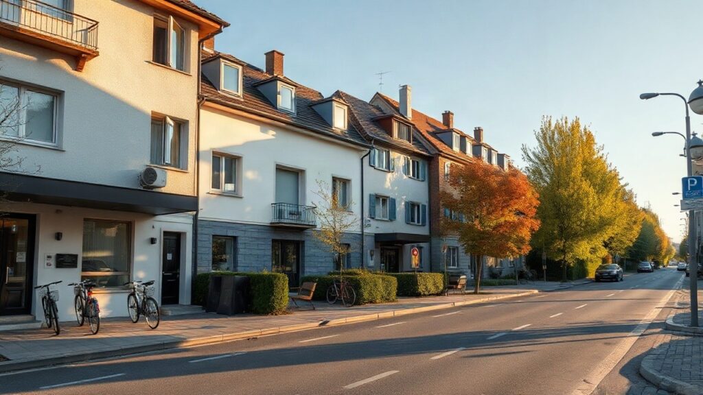 Wohnhäuser an einer ruhigen Straße stehen stellvertretend für die steigenden Mieten in der Steiermark – Symbolbild, KI-erzeugt
